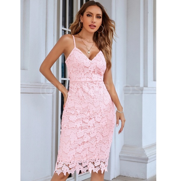 Guipure Lace Baby Pink Bodycon Dress Cami V-Neck Knee to Midi - Picture 3 of 13
